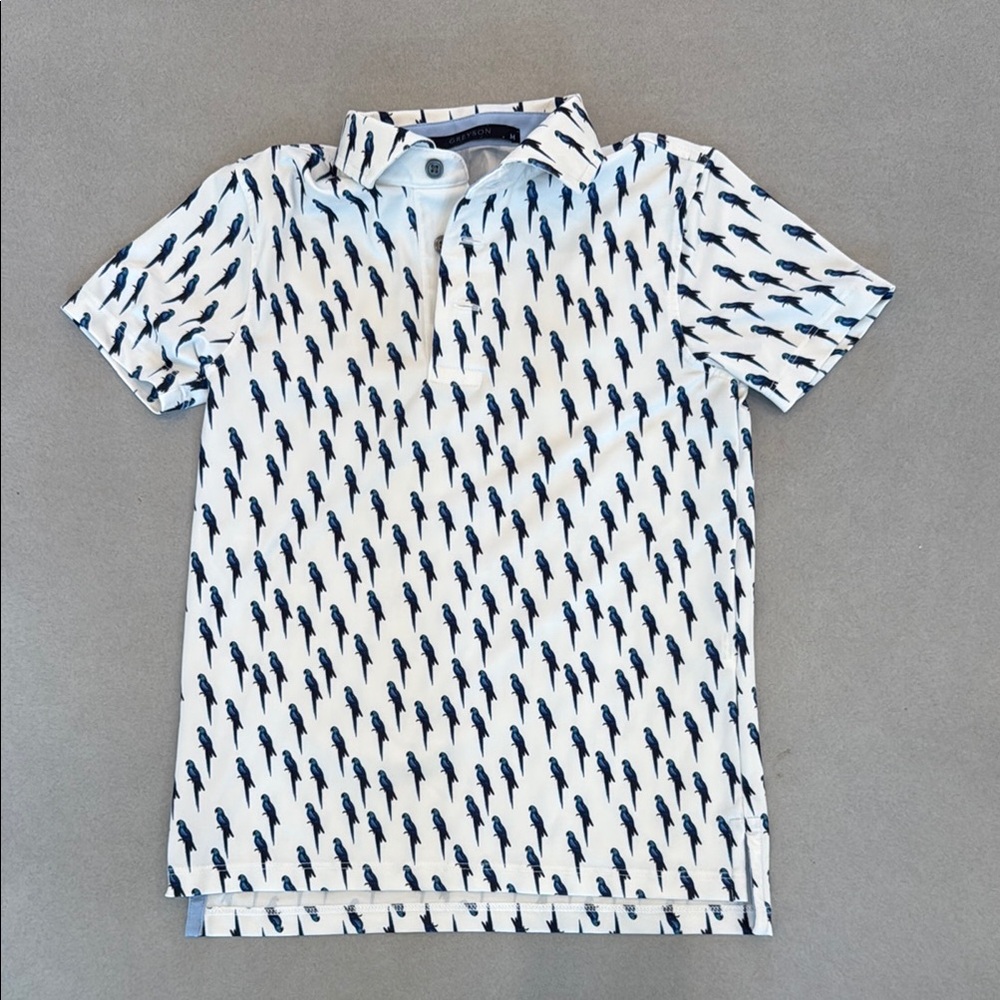 GREYSON PUPS White and Blue BIRD Patterned Polo Shirt